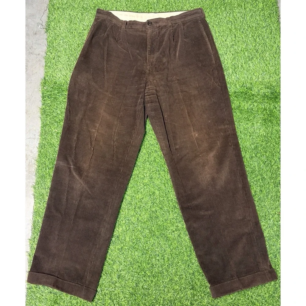 Vintage Brooks Brothers Pants Mens 38x32 Brown Corduroy Pleated Cuffed Y2K